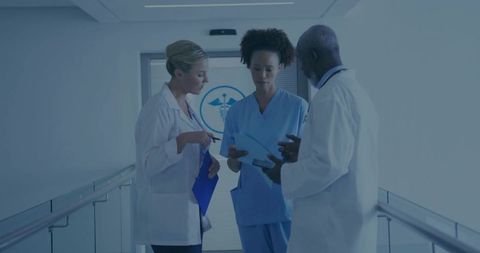 Medical Professionals Discussing Patient Charts in Hospital Corridor