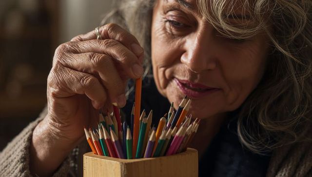 Senior woman selecting colored pencil from wooden holder, close-up hands and colors