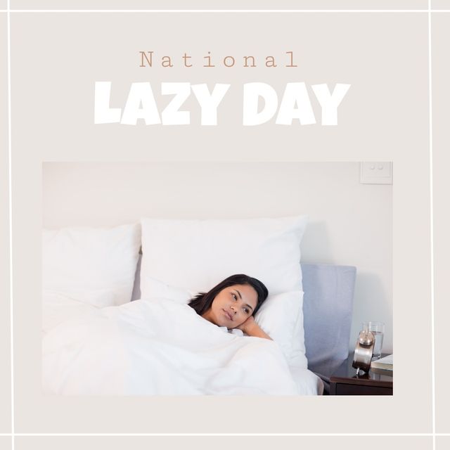 Composite of thoughtful caucasian young woman lying on bed at home and national lazy day text. Blanket, copy space, contemplation, comfortable, idler, relaxation, leisure and celebration concept.