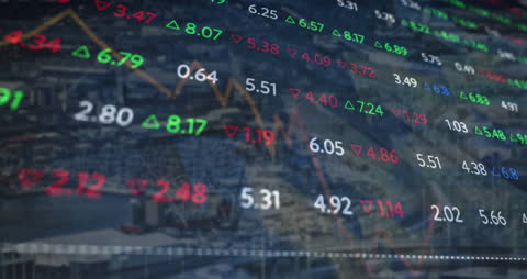 Stock Market Data Overlay with Cityscape Backdrop
