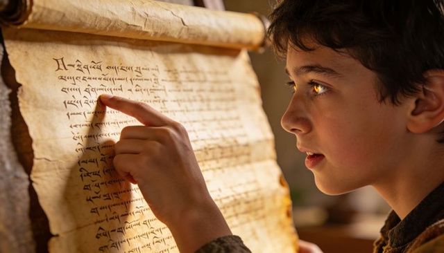 Boy tracing ancient parchment scroll by candlelight, discovering medieval manuscript