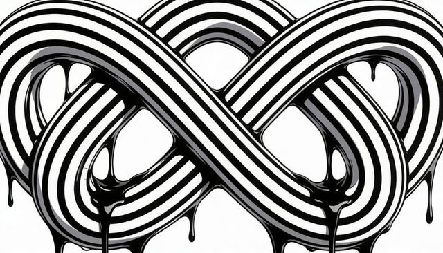 Intertwining black and white striped infinity knot with glossy drips, minimalist abstract