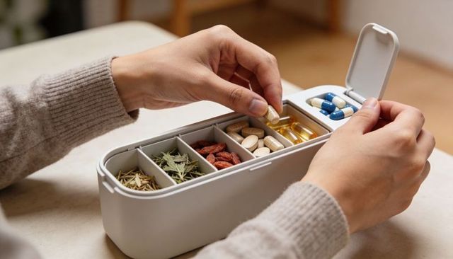 Minimalist pill organizer with herbal supplements and capsules hands selecting capsule for daily wel