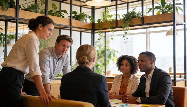 Diverse team collaborating over charts and sticky notes in modern green office lounge