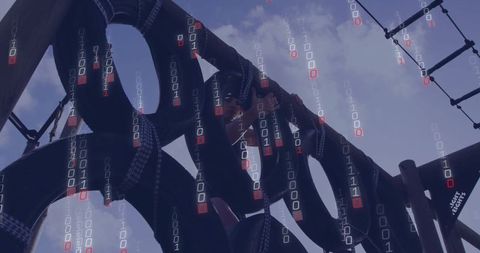 Climbing fit woman navigating obstacle course with binary code overlay