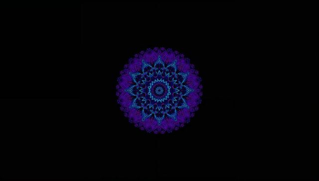 Radiant neon mandala with blue and purple symmetry on black