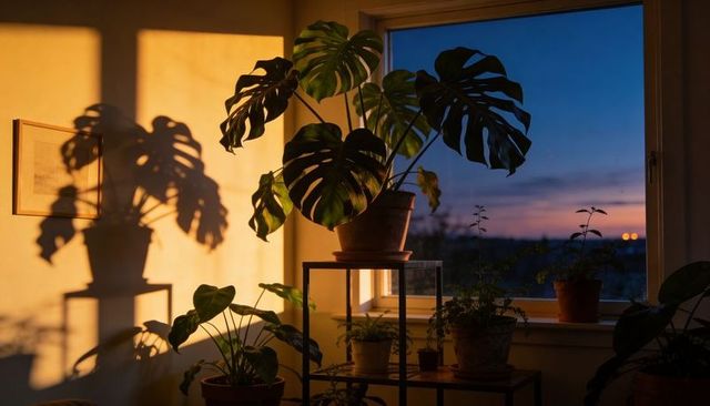 Monstera basking in golden hour light casting dramatic shadow on cozy windowsill at dusk