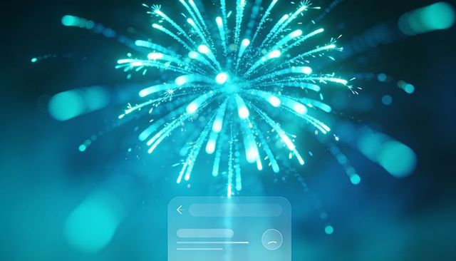 Neon teal firework burst lighting night sky with bokeh orbs and phone ui overlay