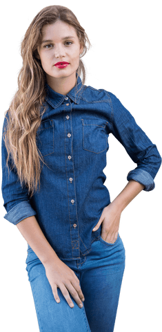 Young Woman Standing in Denim Outfit with Hand in Pocket Transparent Background