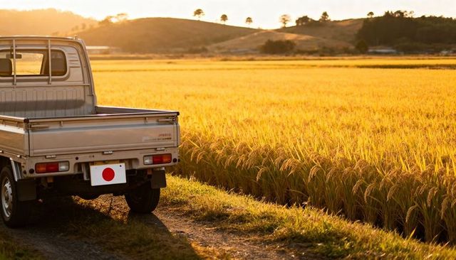 Silver kei truck parked by golden rice field at golden hour, rural japanese harvest scene