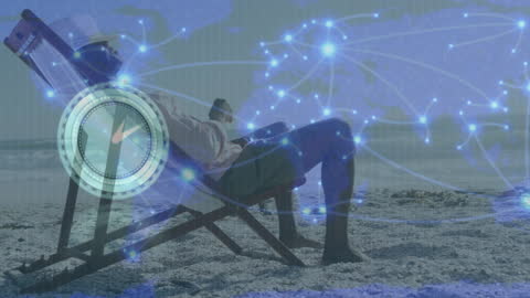 World Connectivity Concept with Relaxing Senior Man on Beach