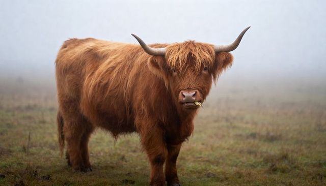 Standing highland cow with long horns and fluffy coat on foggy moorland