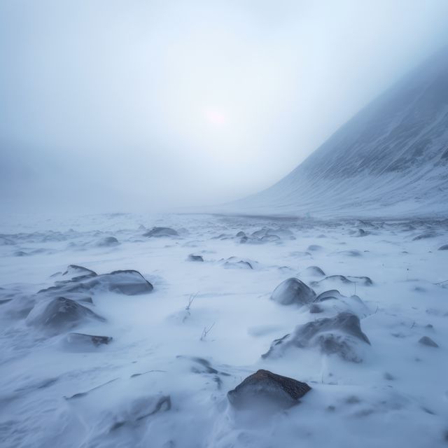 Frozen arctic tundra landscape with mist and snow, created using generative ai technology. Scenery, winter and beauty in nature concept digitally generated image.