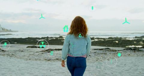 Woman on Beach With Eco-Energy Icons, Denim Fashion Abstract