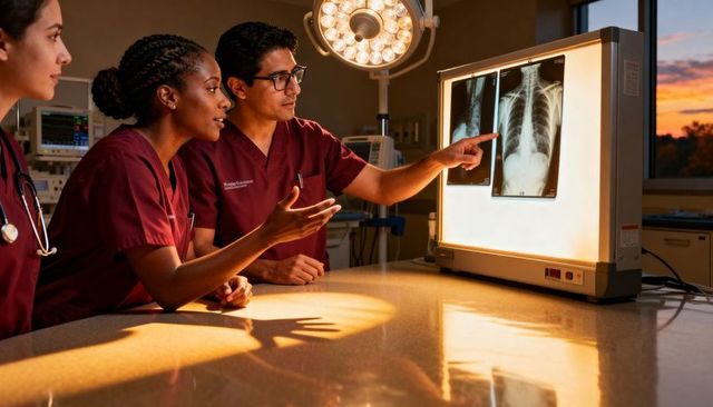 Multicultural medical team analyzing chest x-rays on lightbox in hospital at sunset