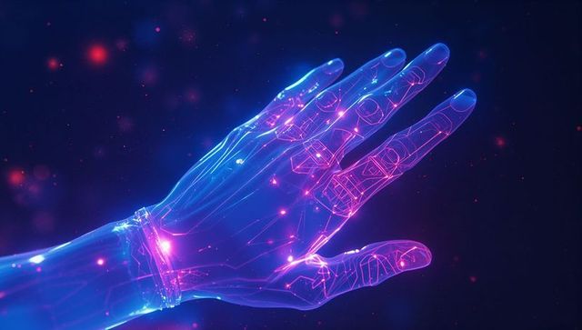 Holographic hand with neon circuits in futuristic digital landscape