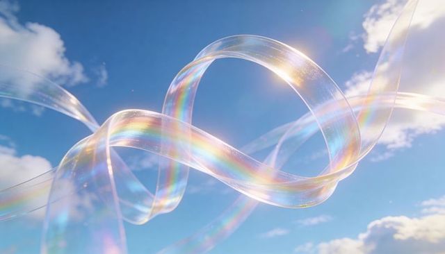 Iridescent ribbon twisting through sunlit sky with prismatic rainbow glow