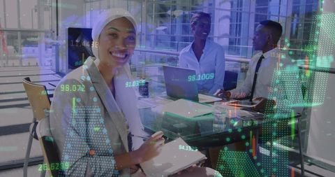 Smiling Business Professional Analyzing Financial Data in Modern Office