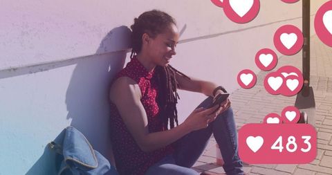 Smiling Woman Enjoying Social Media Engagement Outdoors