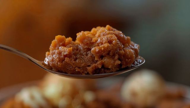 Spoon Holding Rich Brown Paste in Kitchen