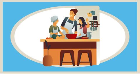 Family cooking together in modern kitchen illustration