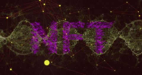 Neon NFT Text with Network Connections on Dark Background Celebration