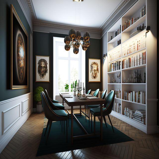 Dining room with table, chairs and large window, created using generative ai technology. Transitional style house interior decor concept digitally generated image.