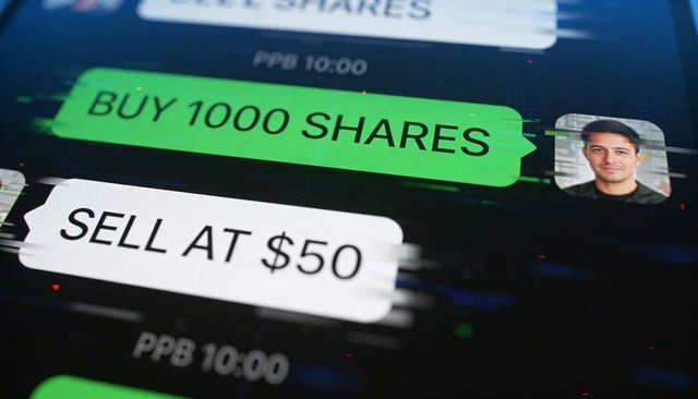 Displaying mobile trading chat showing buy 1000 shares and sell at $50 with glitch overlay