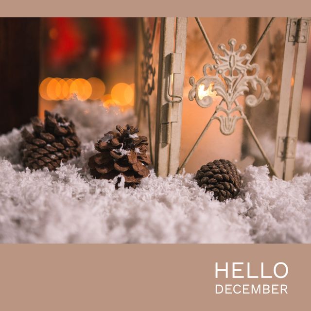 Composition of hello december text over christmas pine cones. Winter and celebration concept digitally generated image.