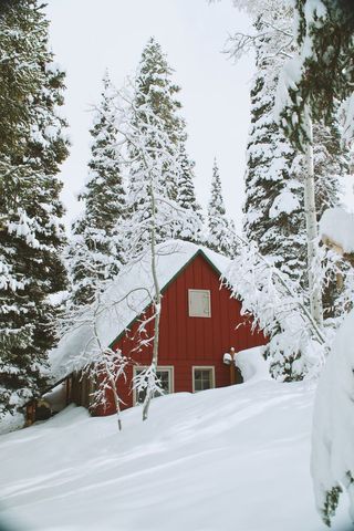 Cozy Red Cabin Nestled in Deep Snow Among Snow-Covered Pines Winter Mountain Retreat