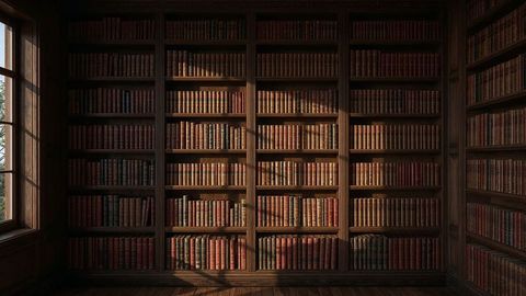 Sunlit bookshelf in classic wood-panelled study