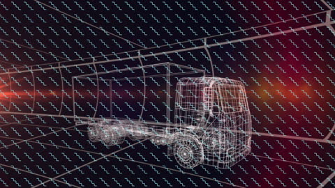 Digital Wireframe Truck with Abstract Light Patterns on Dark Background