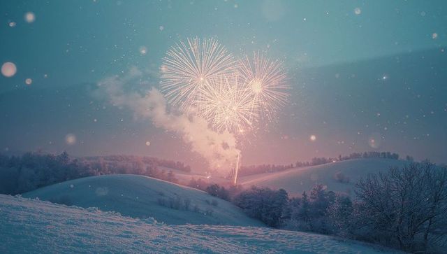 Fireworks Illuminating Snowy Winter Landscape During Night Celebration