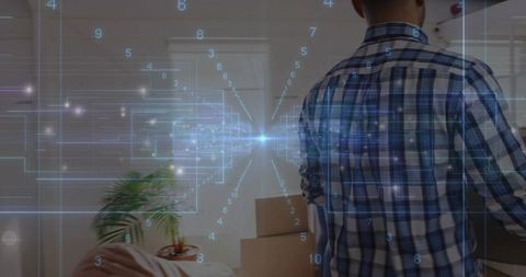 Digital Overlay on Modern Home with Moving Boxes and Man in Plaid Shirt