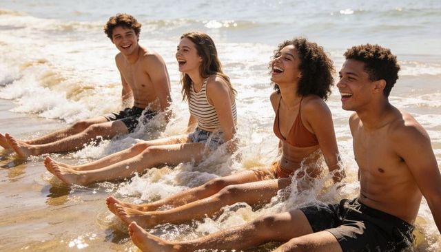 Laughing friends splashing legs at sunlit shoreline on summer beach day