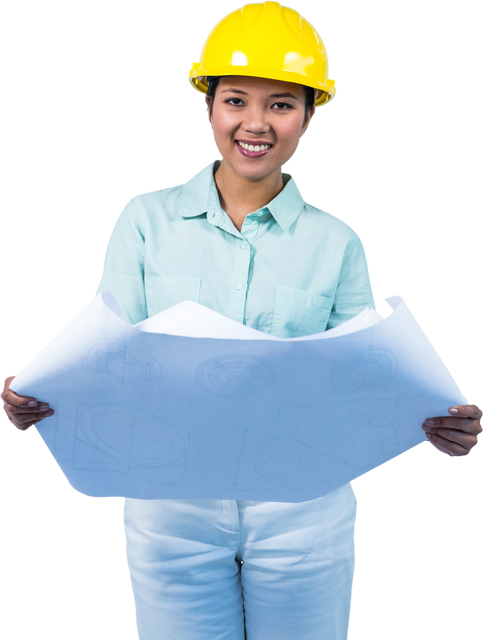 Transparent Engineer Holding Blueprints Smiling with Yellow Safety Helmet - Download Free Stock Videos Pikwizard.com