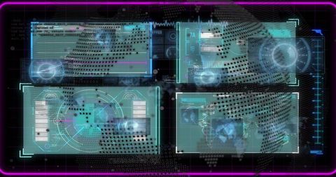 Displaying holographic quad hud dashboard with neon grid and global data panels