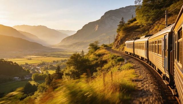 Sunlit passenger train winding along mountain curve during golden hour