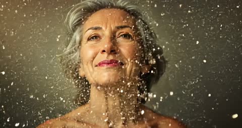 Senior Woman Surrounded by Glittering Particles in Timeless Elegance