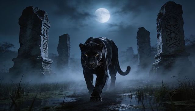 Prowling black panther through moonlit foggy ruins with carved pillars and wet marsh