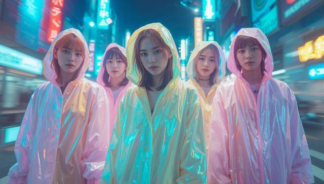 Stylish Women in Iridescent Ponchos on Neon-Lit Urban Street