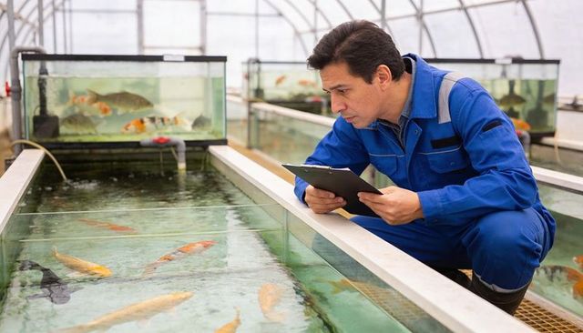 Aquaculture technician inspecting koi tanks in greenhouse facility with clipboard monitoring
