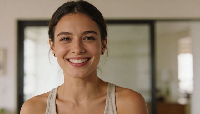 Smiling young woman in beige tank top and stud earrings, casual home portrait with glass door