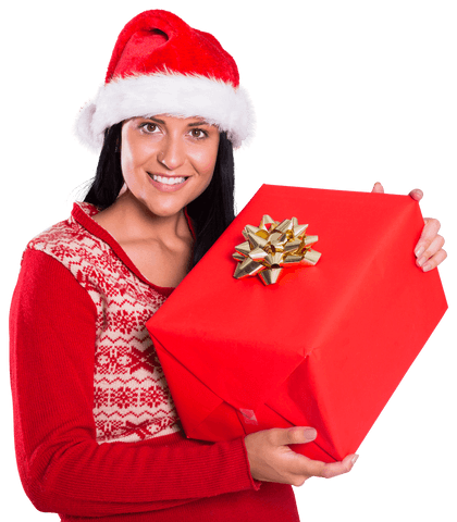 Cheerful Woman With Christmas Hat Holding Transparent Gift