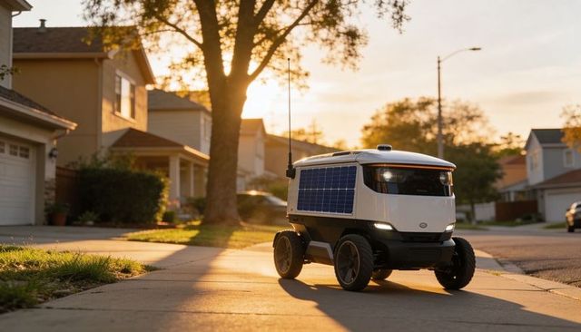 Compact solar-powered delivery robot rolling along suburban sidewalk during golden hour