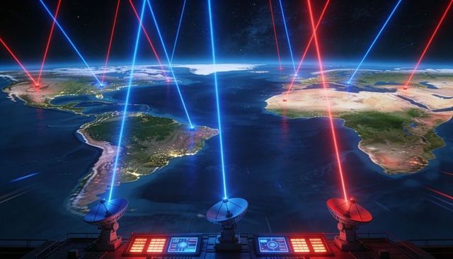 Global satellite dish network beaming red and blue data lasers to cities at night