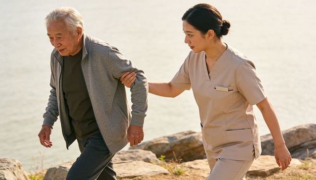Caregiver helping senior man walk along rocky shoreline during warm sunset light