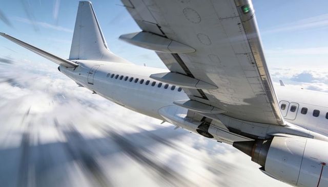 Jet wing and engine slicing through cloud deck with motion blur and rivet detail