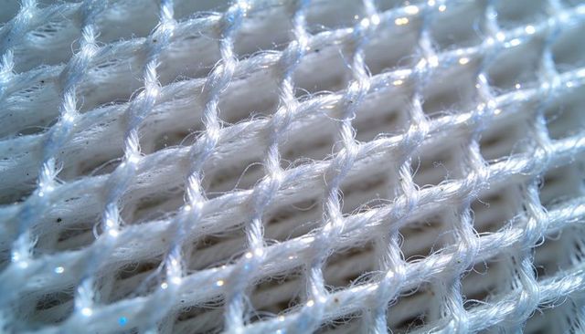 Macro white mesh fabric revealing twisted yarns, lint and sparkling filament grid