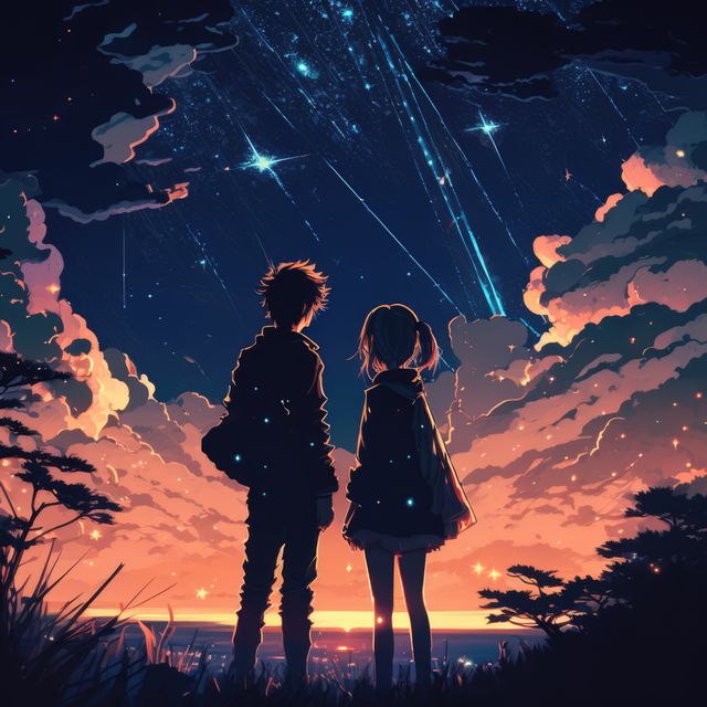 Couple star gazing at night sky, created using generative ai technology. Stars, space, nature and love concept digitally generated image.